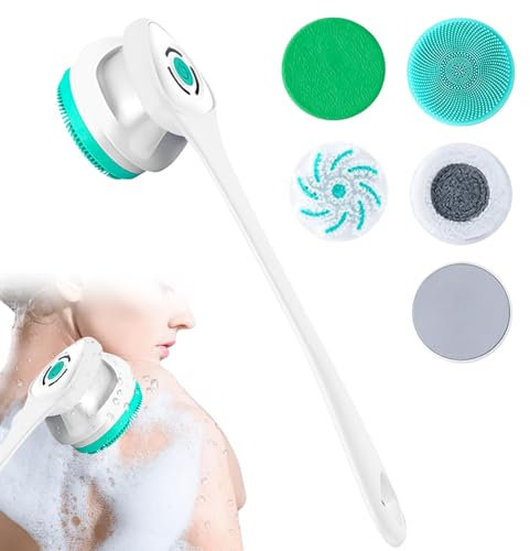 Elektrische Körperbürste Badebürste Rückenbürste Mit 5 AufsäTzen: Rückenbürste mit Langem Stiel IP67 Wasserdicht 3 Geschwindigkeit Spin Reinigung Bürste für Spa Dusche Peeling Massagebürste (Weiß)