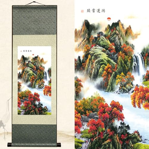 Newscz Arte da parete asiatica per corridoio e scale, dipinti di paesaggio con pergamena in seta, decorazione estetica da parete, arazzi per camera da letto, dipinti da parete per soggiorno