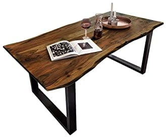 Bett11 SAM B-Ware Esstisch 120x80 cm Mundra, Baumkantentisch aus Akazienholz, massiv + nussbaumfarben, U-Metallgestell Schwarz, Esszimmertisch mit echter Baumkante