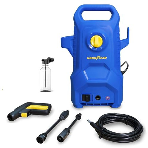 Goodyear - Hidrolimpiadora de Alta Presión, Eléctrica 1400W 100 Bar, Kit Detergente 200ml, Pistola y Lanza PP, Manguera 5m, Sistema Auto Stop, Limpiadora a Presión Compacta y Eficiente