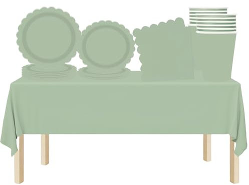 69 Piezas Set Vajilla Desechable Cumpleaños,Platos Desechables Elegantes Servilletas Vasos Papel Mantel Plásticos Decoración de Mesa,Vajilla Desechable Verde Salvia Biodegradable para Fiesta