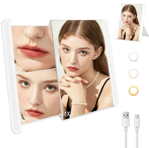 Amlope Specchio per Trucco Pull Push Specchio con Luce 72 LEDs Specchio Trucco con Luci 1X5X2X Specchio con Illuminazione 3 Colori Luminosità Regolabile Ricaricabile Tramite USB(Bianco)