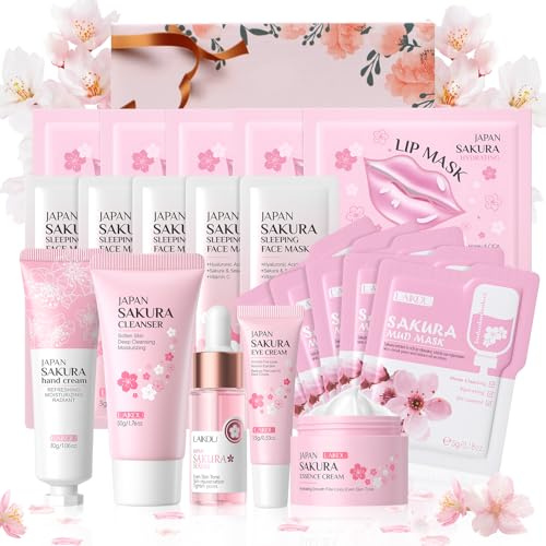 LAIKOU Sakura Skincare Set, 20PCS Face Care Kit for Teenage Girls | Hydrating Cleanser, Serum, Moisturiser, Eye/Hand Cream, Lip/Sleeping/Mud Mask, Christmas Birthday Gift Set for Women