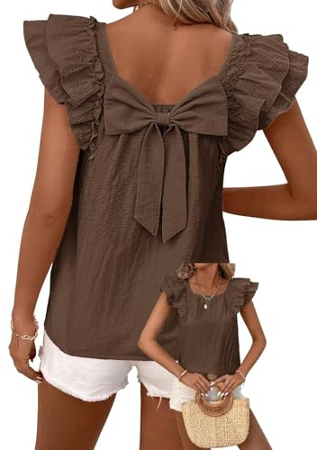 Falechay Summer Tops Womens 2026 Fashion Cute Chiffon Trendy Tunic Short Ruffle Sleeves Holiday Top Babydoll Going Out Puffed Casual Shirts Peasant Teacher Outfits Wrinkles Bow Tie Clothing Brown M