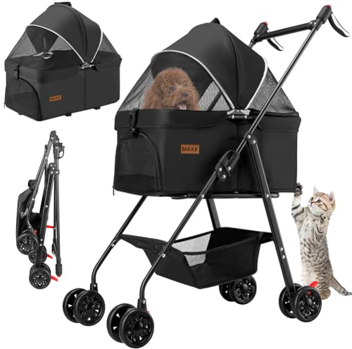 BAKAJI Passeggino per Cani e Gatti 2 in 1 Pieghevole e Salvaspazio con Cestello Rimovibile, Carrozzina per Animali Domestici con Capsula Trasportino Removibile e Ruote, Tettuccio Apribile (Nero)