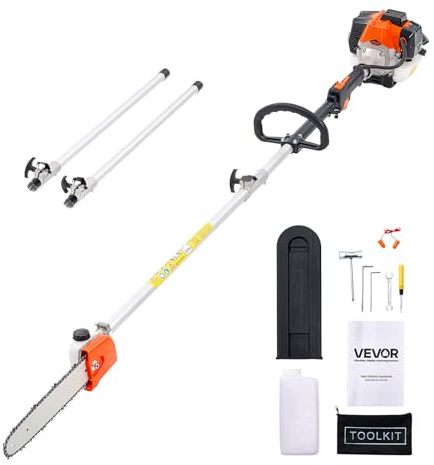VEVOR Motosierra de Pértiga a Gasolina, Motosierra Inalámbrica de 25 cc y 2 Tiempos con Barra de Corte de 30,5 cm, Tanque de Combustible de 650 ml y Extensible de 2,12-3,62 m para Podar Árboles