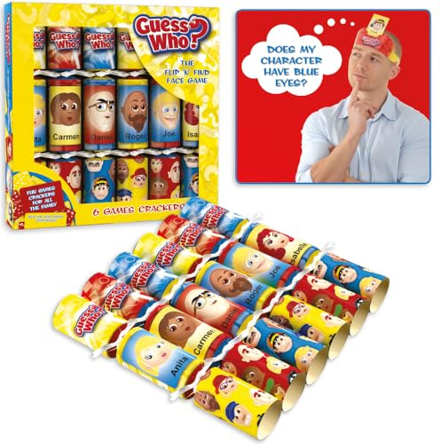 Quickdraw Guess Who Christmas Crackers Pack of 6 – Officially Licensed Family Game Crackers with Hats, Jokes, Snap & Character Face Cards – Fun Party Game for Kids & Adults