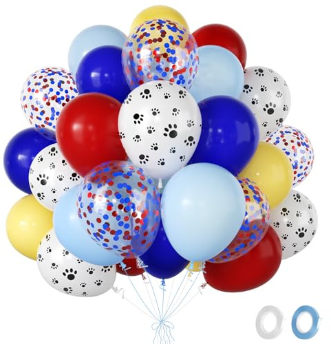 Fairymaiden Globos Huella De Pata De Perro - 60 Piezas Amarillos Azules Rojos Globo Con Globo Metalizados, Confeti Helio Globos Para Cumpleaños Baby Shower Aniversario Decoracion Fiesta, 12 Pulgada