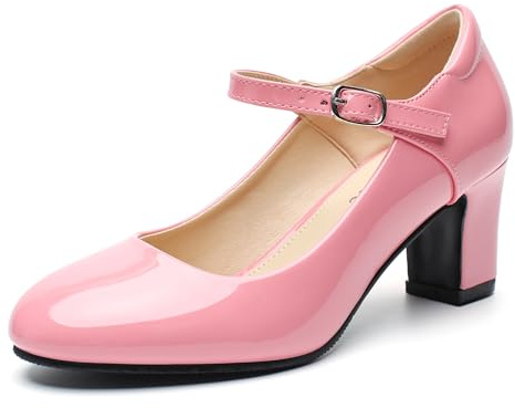 Women's Mary Jane Pumps, Block Heel, Round Toe, Ankle Strap with Buckle, 2.48 Inch Office Church Dress Shoes, Patent Pink, 5 UK