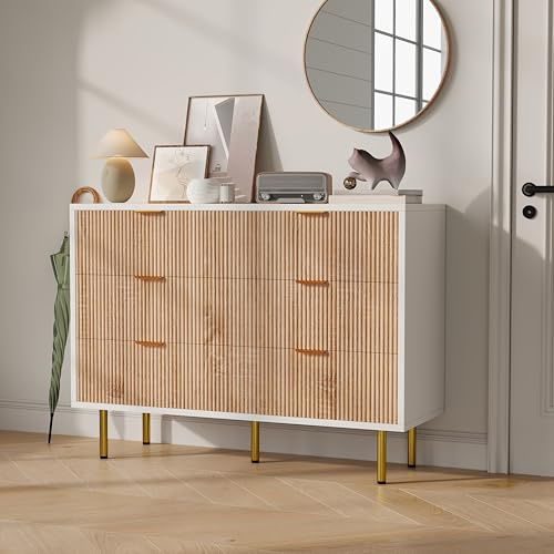 Yeutre - Cajonera con 6 cajones de 100 cm, cómoda de dormitorio, mueble de almacenamiento moderno, armario con cajones con patas de metal, para sala de estar, dormitorio, comedor (blanco y madera, 6