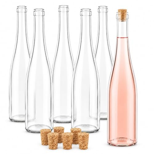 Taninea Botellas Vacías para Vino 750 ml de Vidrio Transparente – Pack 6 con Corcho Cónico – Botellas de Cristal Blancas para Licores, Aceites, Regalos y Decoración