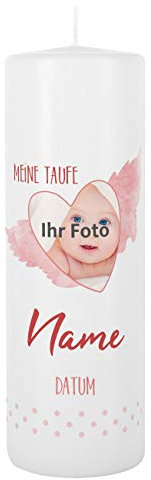 Striefchen® Taufkerze mit Foto, Namen u. Taufdatum, rosa 8 x 25 cm Herz mit Flügeln