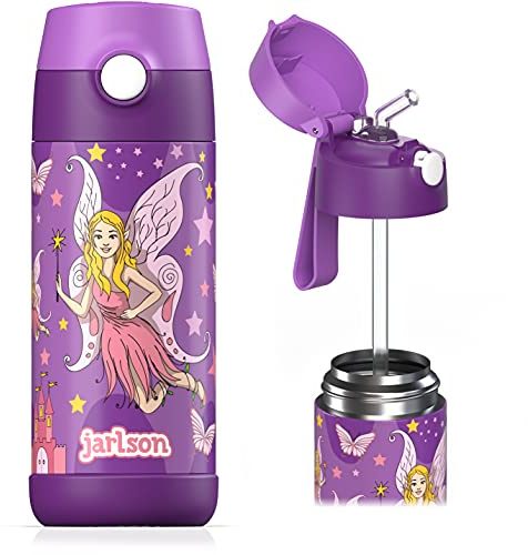 Jarlson - Barnflaska i rostfritt stål – termosflaska för barn, 350 ml – BPA-fri – med sugrör – för skola, sport och förskola (Fée 2, 350 ml)