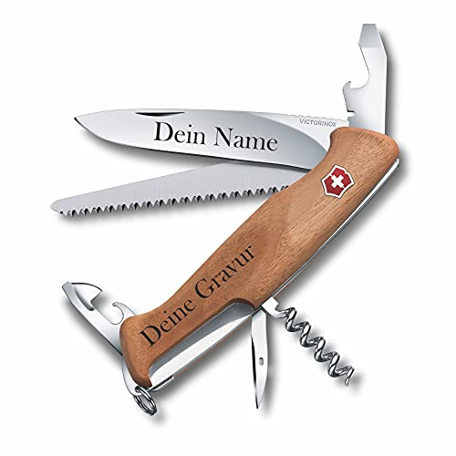 Taschenmesser Ranger Wood 55 aus Holz mit Gravur I Geschenk für Männer Frauen I zum Geburtstag I Schweizer Taschenmesser personalisiert Griff Klinge (Gravur auf der Klinge)