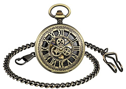 SUPBRO Damen Herren Taschenuhr Römische Loch Ziffern Analog Mechanische Kettenuhr Uhr mit Halskette Pullover Kette Bronze