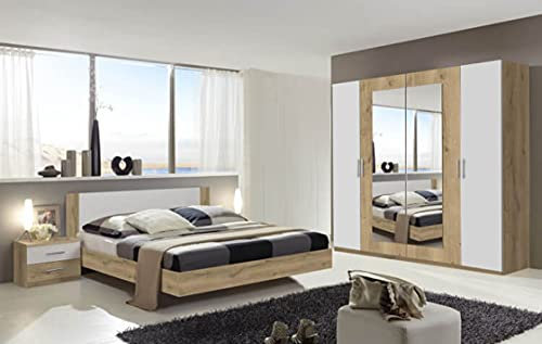 PEGANE Chambre à Coucher complète Adulte (lit 160x200 cm + 2 chevets + Armoire) Coloris Imitation chêne Poutre/Blanc