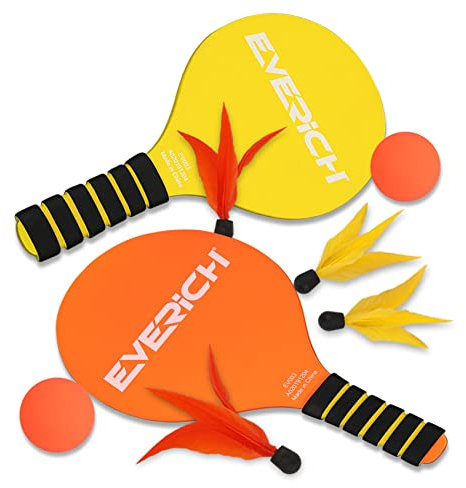 INPODAK Beach Ball Spiel Set,Strandball Schlägerset für Kinder,2 Schläger, 4 Federbälle, 2 Bälle,Paddleball Spielset,Sommer Strand Pool Garten Spiel für Familie und Party