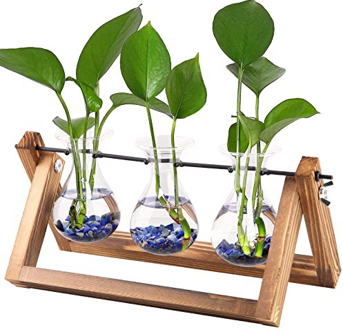 Blumenvase Vintage Kleine Vase Hydroponische Propagation Station Vintage-Holzständer und Metall-Drehstab für Hydrokultur Wohnzimmer Büro Dekoration Pflanzengeschenke für Frauen