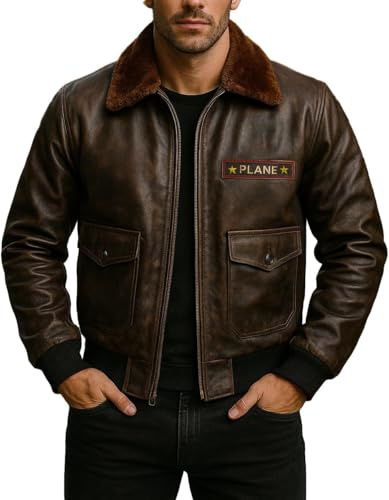 Fashion_First Mens Distressed Brown Bomber Real Leather Pilot Patches Jacket - Men Flight Brown Faux Fur Collar Jackets