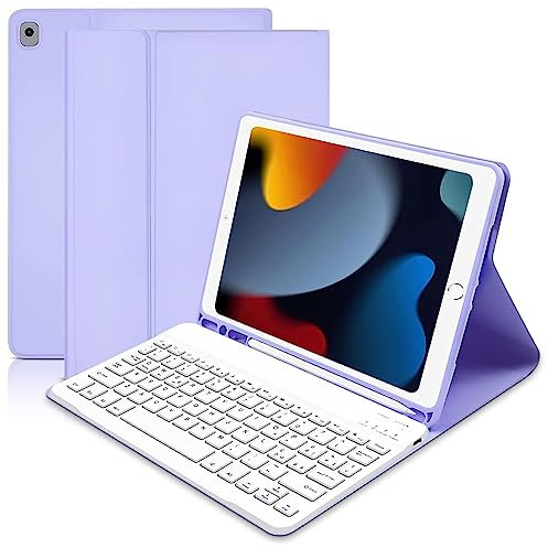 Lielax Custodia con Tastiera per iPad 10.2 2021/2020/2019(9a, 8a e 7a Gen)/iPad Air 3 /iPad Pro 10,5, Italiano QWERTY Rimovibile Bluetooth Tastiera, Custodia con Supporto Pencil per ipad 10,2-Porpora