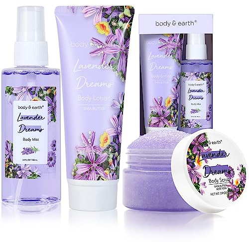 BODY & EARTH Body Mist Gift Set - Spa Gifts for Women, Perfume, Body Lotion, and Body Scrub in a Lavender Dreams Box- Perfect Birthday Gifts for Moms, and Special Occasions,Unique Gift Ideas for Her