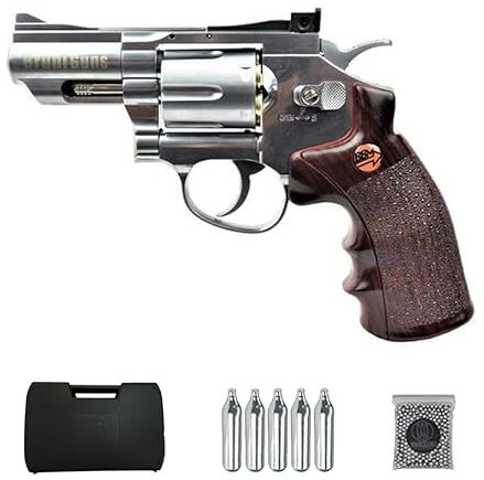 Ecommur. Bruni 708S Plata 2,5 | Revólver de perdigones (Bolas BB's de Acero) de Aire comprimido semiautomática 4,5mm + maletín + balines y CO2