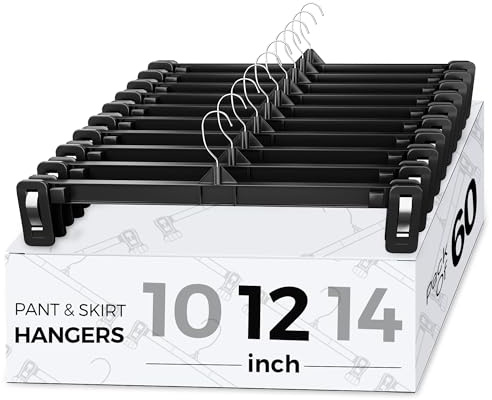Smartor Space Saving Skirt Hangers - 60 Pack, Slim Plastic Pants and Shorts Hangers, Ridged Non-Slip with Pinch Clips, Black Clip Hangers for Women, 360-Rotating Chrome Swivel Hook, 12 Inches
