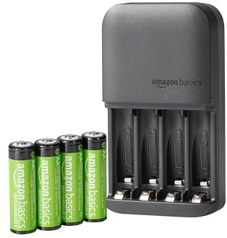 Amazon Basics pilas recargables NiMH con cargador de pilas de 4 ranuras, enchufe de la UE, Paquete de 4 AA 2000mAh, Negro