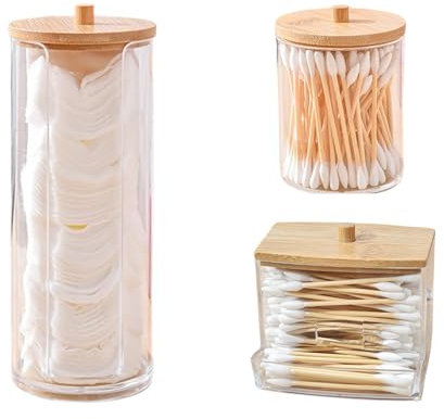 ARTGHJL 3 Stück Wattestäbchen Behälter, Wattepadspender, Wattepads Aufbewahrung mit Bambus Deckeln, Transparente Acryl Wattestäbchen Aufbewahrungsbox, für Wattebällchen, Ohrenstäbchen, Wattepads