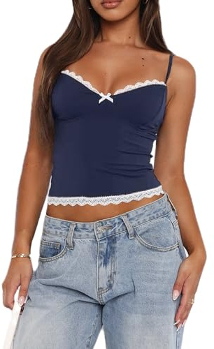Women Spaghetti Strap Camisoles Summer Crop Tops Lace Trim V-Neck Sleeveless Backless Tank Tops Summer Vests (Navy Blue, M)