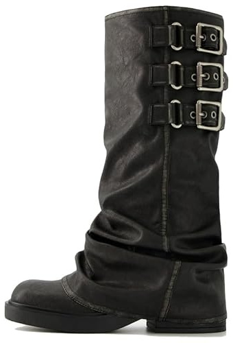 ClassicSter Fold Over Knee High Boots Slouch Boots for Women Chunky Goth Platform Boots,2 inch Heel Wide Calf Long Boots Square Toe Riding Boots(US 8)
