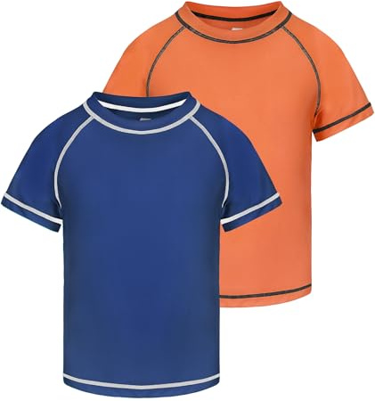 ozkzdp Boys Swim Top Rash Vest Kids Short Sleeve Quick Dry UV Swimming Top Rash Guard Swimwear for Boys Coral/Dark Blue M