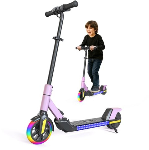 Scooter elettrico pieghevole per bambini (6-14 anni) - Velocità massima 16 km/h, portata 8 km, ruota anteriore da 7 pollici con funzione autoilluminante, ruota posteriore da 6 pollici (rosa)