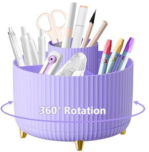 Organiseur de bureau, Pot à stylos rotatif à 360°, Pot à crayons, Porte-brosses à maquillage avec 5 compartiments, Organisateur de rangement de fournitures de bureau, Porte-crayons pour bureau