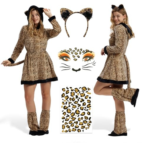 Geehora Disfraz de Leopardo Mujer para Carnaval, Vestido Animal con Capucha y Cola, Disfraz de Leopardo de Peluche Suave con Perneras y Accesorios (M)