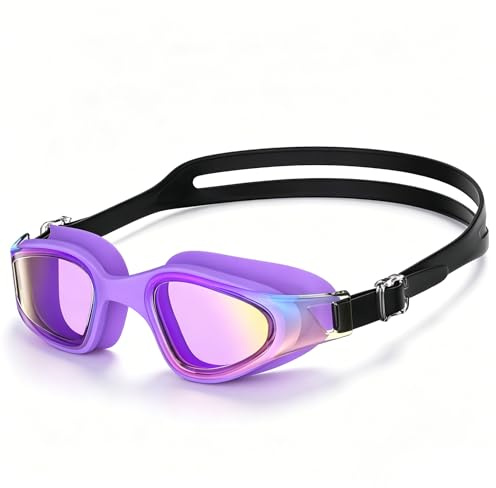 Neusaro Swimming Goggles for Adults, Anti-Fog & Anti-Leak Swim Goggles, UV Protection, Wide Vision Lenses, Adjustable Comfort Strap, Easy Fit Unisex Swim Goggles for Men & Women-Purple Iridescent
