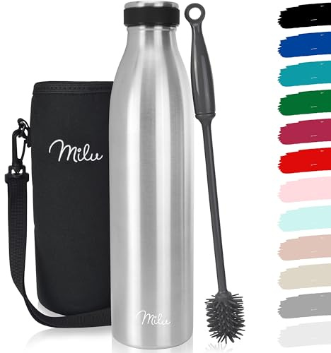 Milu Termo Botella de Agua 500ml, 750ml, 1l - Acero Inoxidable - Aislamiento de Vacío de Doble Pared - Libre BPA (Plateado, 1000ml)