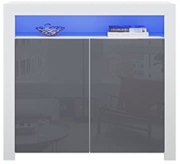 Panana Sideboard Cabinet with Doors Shelves High Gloss Fronts Storage Cupboard with RGB LED Lights Lighting Living Room Dining Room Furniture (Grey)