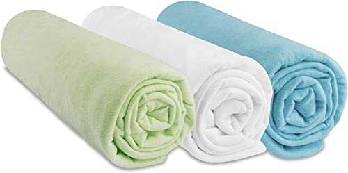Easy Dort - Juego de 3 sábanas bajeras, de 70 x 140 cm, para cama infantil, 100 % algodón de punto | anís, blanco, turquesa | Extensible | Sueño saludable | Certificación OEKO-TEX | Fabricado en