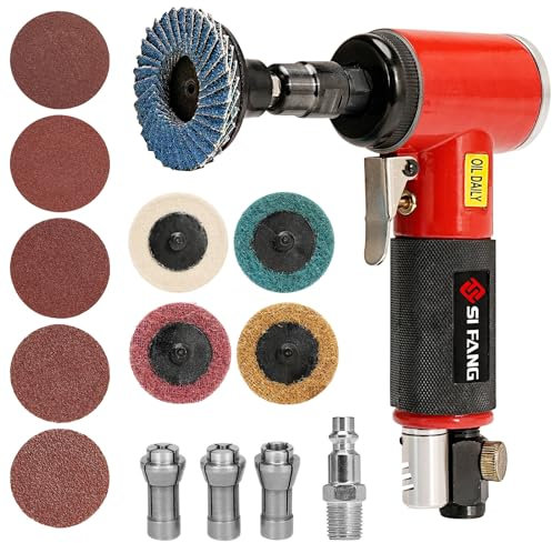 SI FANG 16Pcs Right Angle Air Die Grinder Kit with 1/4 1/8 Collets 2 Inch Quick Change Roll Lock Sanding Discs Mix Set Accessories, 20,000RPM Pneumatic Grinding Tools Sander (Red)
