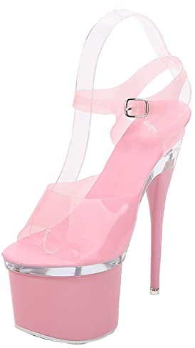 SHbfyFU 17 CM / 6.69IN Moda para Mujer Personalidad Tacones clásicos Plataforma con Punta Abierta Hebilla Tiras Tacones Altos Sandalias Zapatos de Corte Bailarín de Barra Stripper,Rosado,37 EU