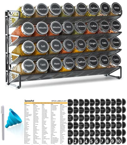 SpaceAid Spice Rack Organizer with 32 Spice Jars, 386 Spice Labels, Chalk Marker and Funnel Set for Cabinet, Countertop, Pantry, Cupboard or Door & Wall Mount - 32 Jars, 15.3 W × 10.8 H, Black