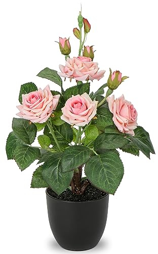 Briful 38CM Artificial Roses in Pot Pink Artificial Flowers, Silk Rose Fake Flowers Spring Decoration Fake Roses with Pot for Home Kitchen Bathroom Decor