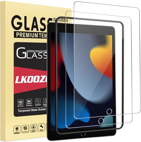 LKOOZO [2 Stück Schutzfolie für iPad 9.8.7. Generation, iPad 9/8/7 (10,2 Zoll, 2021/2020/2019) Panzer Schutz Glas mit Rahmen-Installationshilfe, HD Displayschutzfolie, Kratzfest