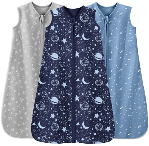 Unnivoll 3er Pack Schlafsack Baby Sommer 0.5 Tog 100% Baumwolle Sommerschlafsack Babyschlafsack 18-24 monate 90 cm für Jungen Mädchen Kinder Grauer Blauer Planet
