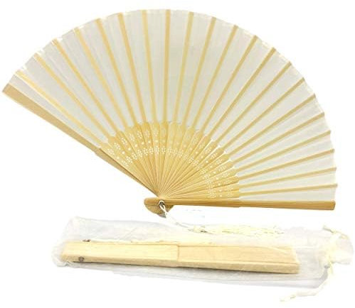 FANSOF.FANS Fabric Handheld Folding Hand Fan With a Tassel Grade A Bamboo Ribs for Women Girls Summer Party Event Favor Birthday Wedding Souvenir Gift (Off White)