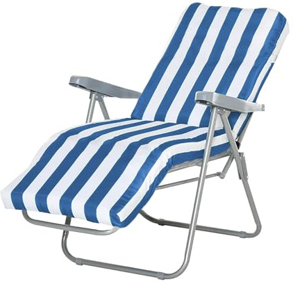 GREATOYAR Cojín Tumbona, Colchoneta Tumbona Acolchada, Cojín Acolchado de Fibra, con Goma y Correas de Sujeción, Tela Polyester, para Exteriores Terraza Jardín Viaje Playa, 120x55x8cm, Raya Azul