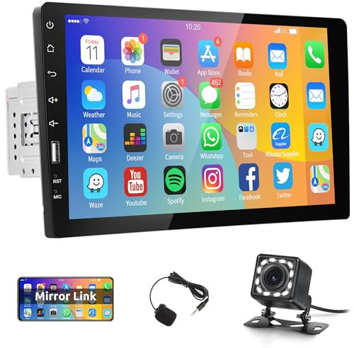 Rimoody Autoradio 1 Din mit Bluetooth Freisprecheinrichtung, 9 Zoll Touchscreen Autoradio mit iOS/Android Mirror Link Bluetooth FM Radio EQ USB Lenkradsteuerung 12 LED Rückfahrkamera Mikrofon