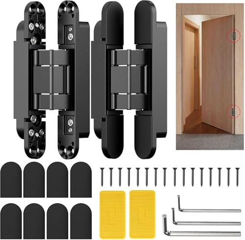 Hanured® Lot de 2 Charnières de porte invisible 17,7cm, Charnière pivotante à 180 degrés, Charnière à 3 voies ajustable, Noir