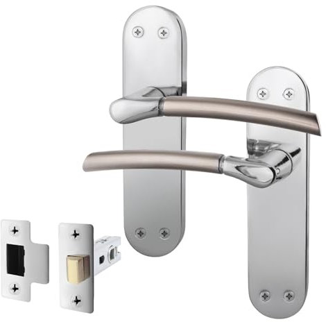 EAI Door Handle & Latch Set With Duo Finish | Satin Nickel and Polished Chrome Lever Handles on Backplate (64mm)